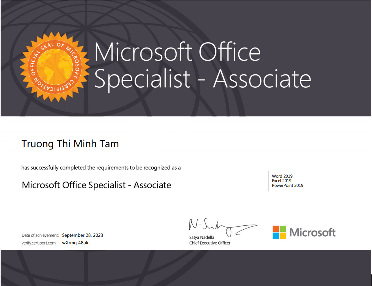 Minh họa chứng chỉ tin học văn phòng quốc tế MOS do Microsoft cấp